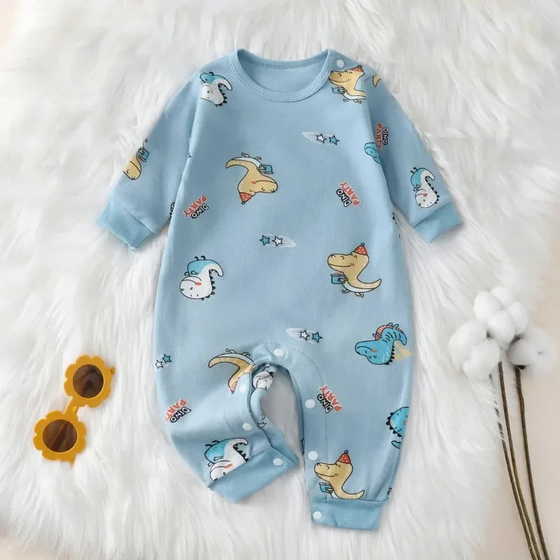 Baby I YAN cotton romper with cute cartoon print, long sleeve bodysuit for newborns and infants aged 0-18 months.
