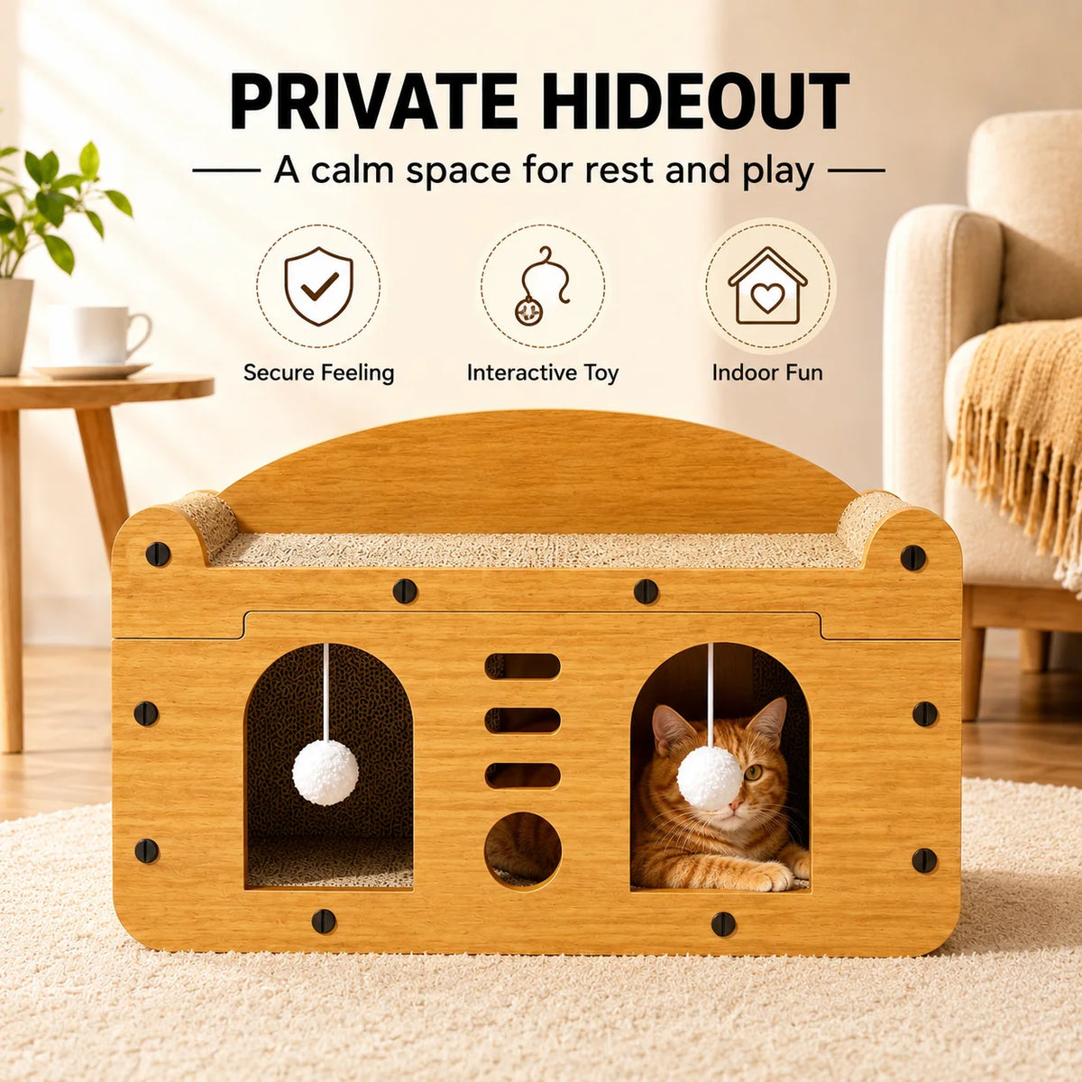 Double door wooden cat scratcher sofa house with hideout and corrugated scratching bed for indoor cats, by I YAN