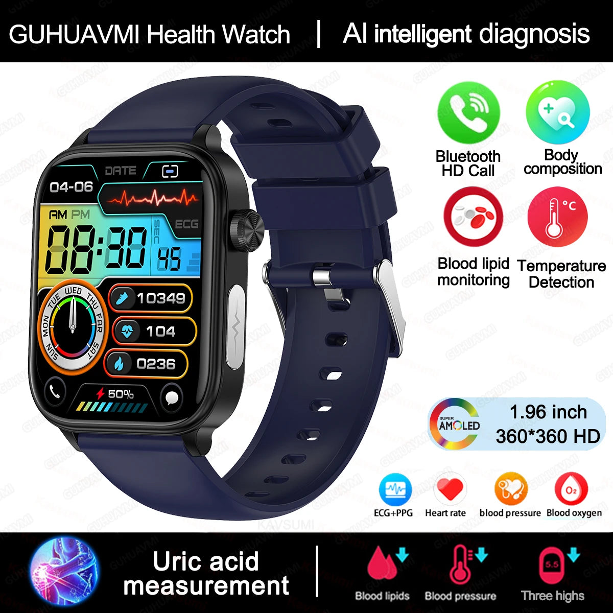 ECG+PPG Monitoring Smart Watch Women Blood pressure Blood Lipid Uric Acid Women Menstrual Health Tracker Smartwatches