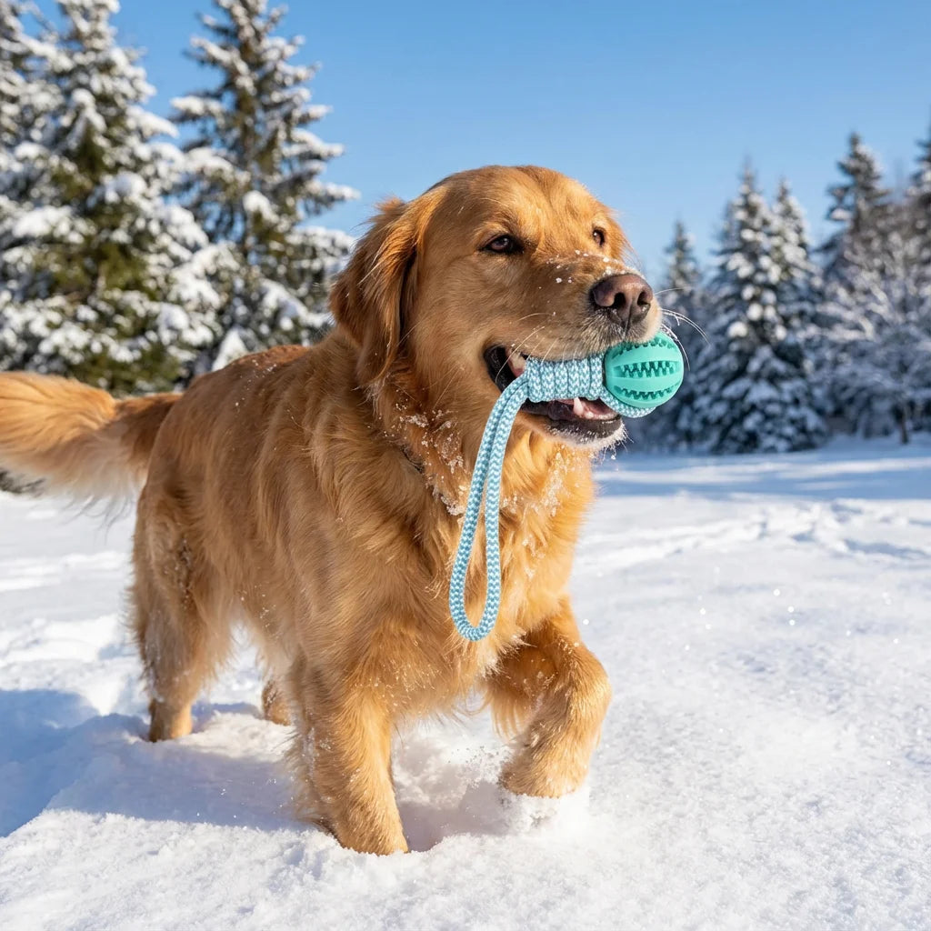 Durable I YAN cotton rope and rubber dog chew ball with treat dispenser, 18x13cm, ideal for teething and boredom relief.