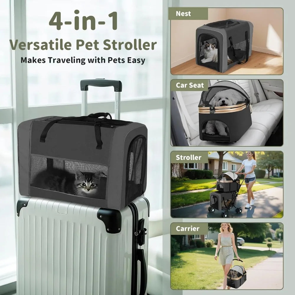 Double Pet Stroller for Dogs & Cats: Foldable Travel Carriage with Detachable Carriers, Safety Belts, 4 Lockable Wheels for Small to Medium Pets, Multi-Pet Home