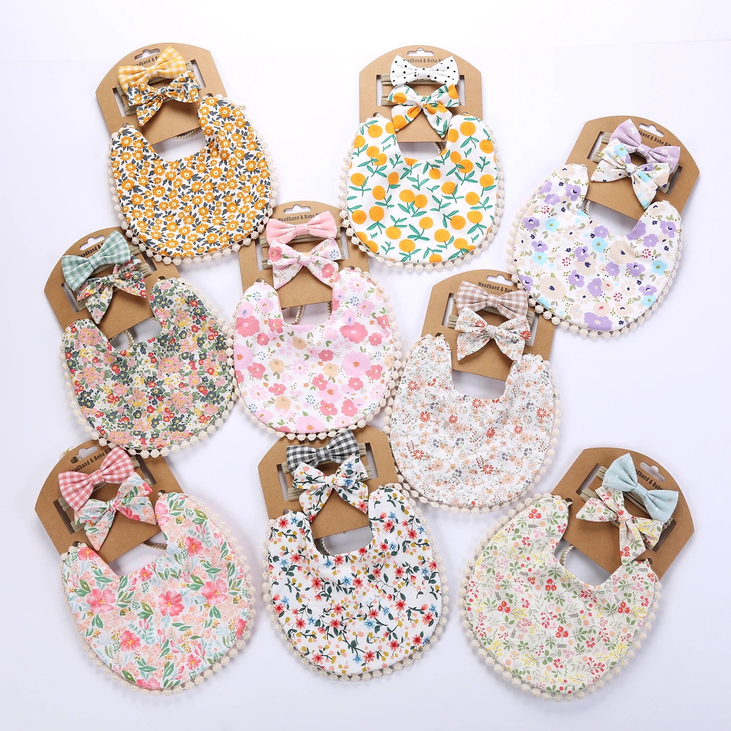 Set of three flower print cotton linen baby bibs, elastic nylon headbands, and double-deck saliva towels for feeding and burping by I YAN.