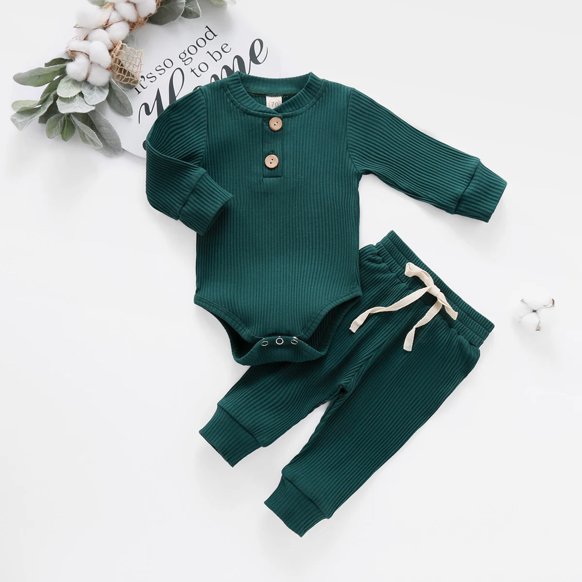 Baby girl and boy spring autumn ribbed and plaid long sleeve bodysuits with elastic pants, I YAN 2-piece infant clothing set.