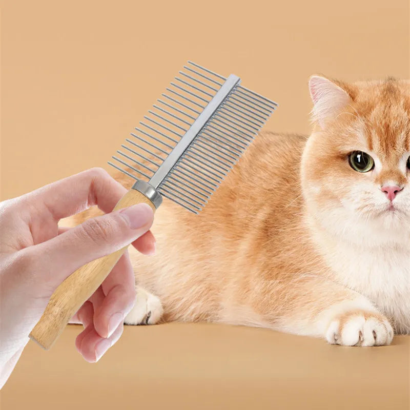 Stainless steel cat and dog hair comb with wooden handle for grooming and removing pet hair from cats and dogs.