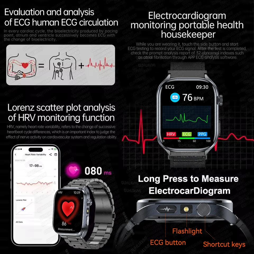 2025Nursing Level Uric Acid Blood lipids Smart Watch Men Blood Pressure ECG+PPG Clock Body Analysis Voice Call Health Smartwatch