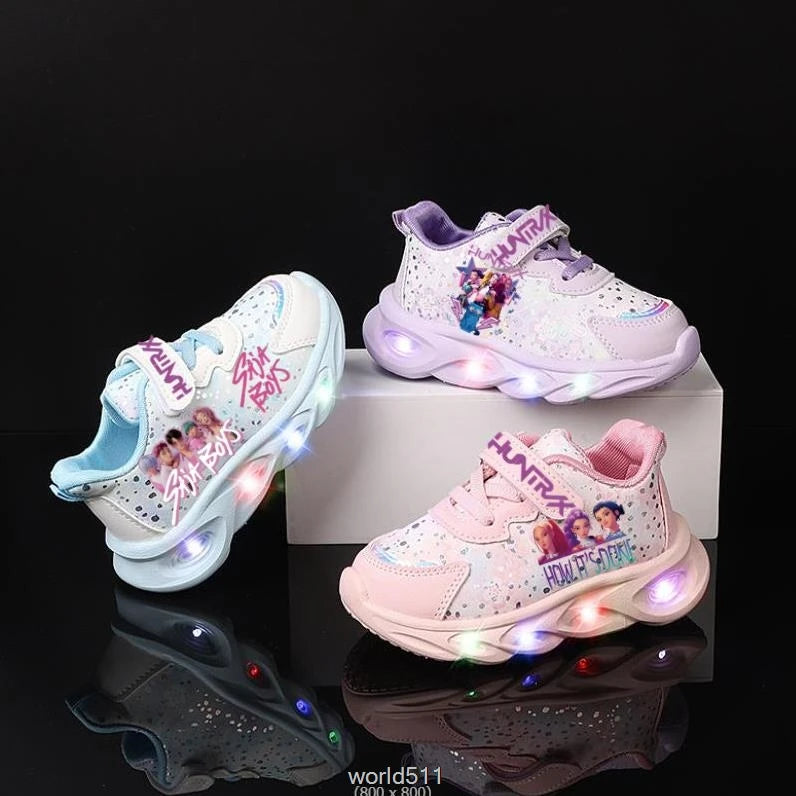 Children's LED Shoes Kpop Demon Hunter Light Up Sneakers Kids Mesh LED Shoes Flashing Lights Toddler Cartoon Sports Shoes Girls