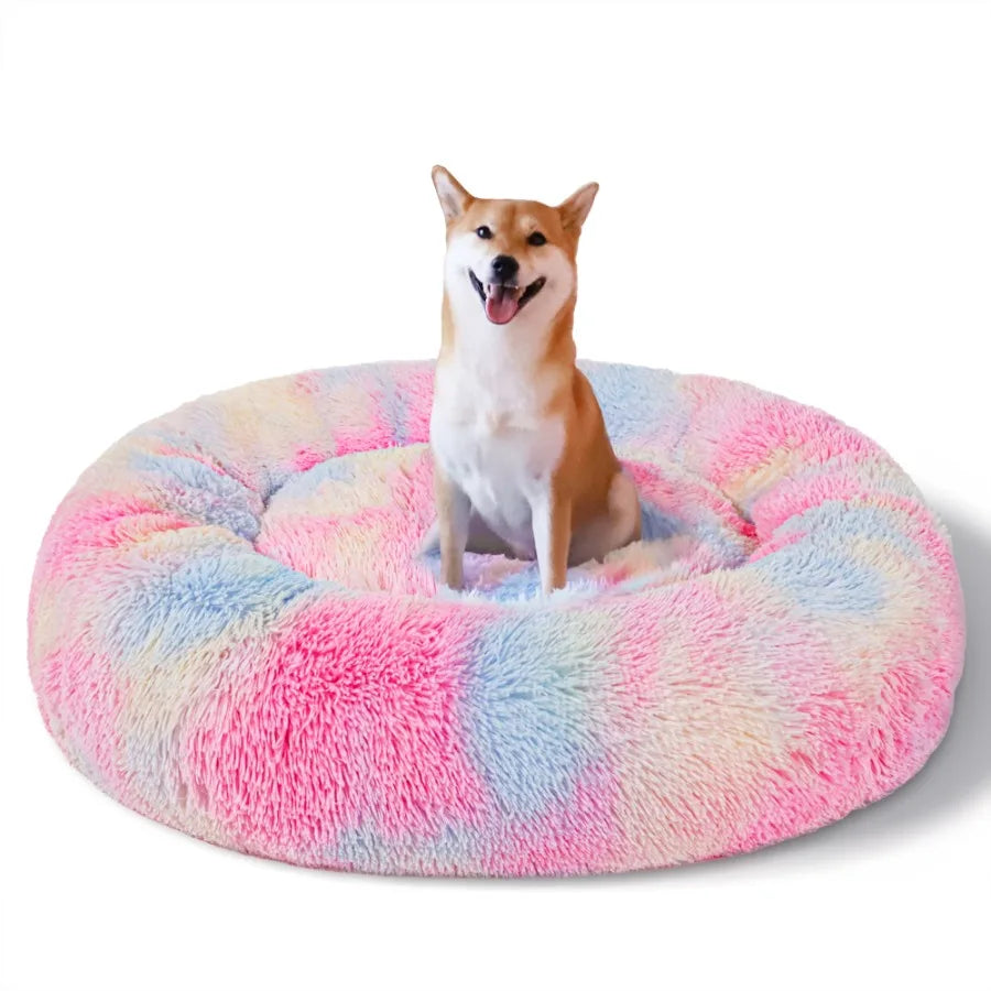Pink rainbow Calming Donut Pet Bed for small dogs, I YAN anti-anxiety plush cozy warming dog bed, 20-inch size