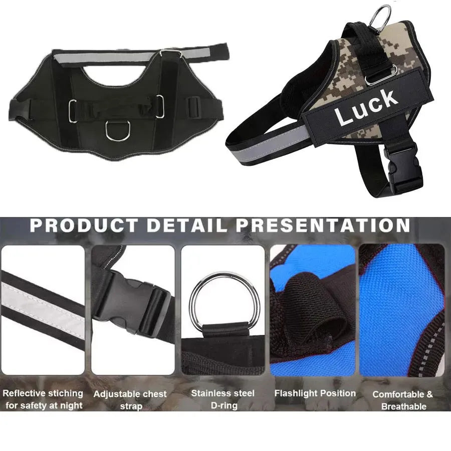 Adjustable I YAN reflective dog harness with breathable no-pull vest, suitable for small and large dogs in a close-up image.