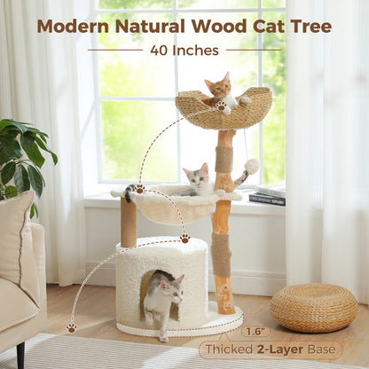 Modern I YAN cat tree with natural wood finish, large wicker basket, spacious condo, deep hammock, and cozy cat house bed.