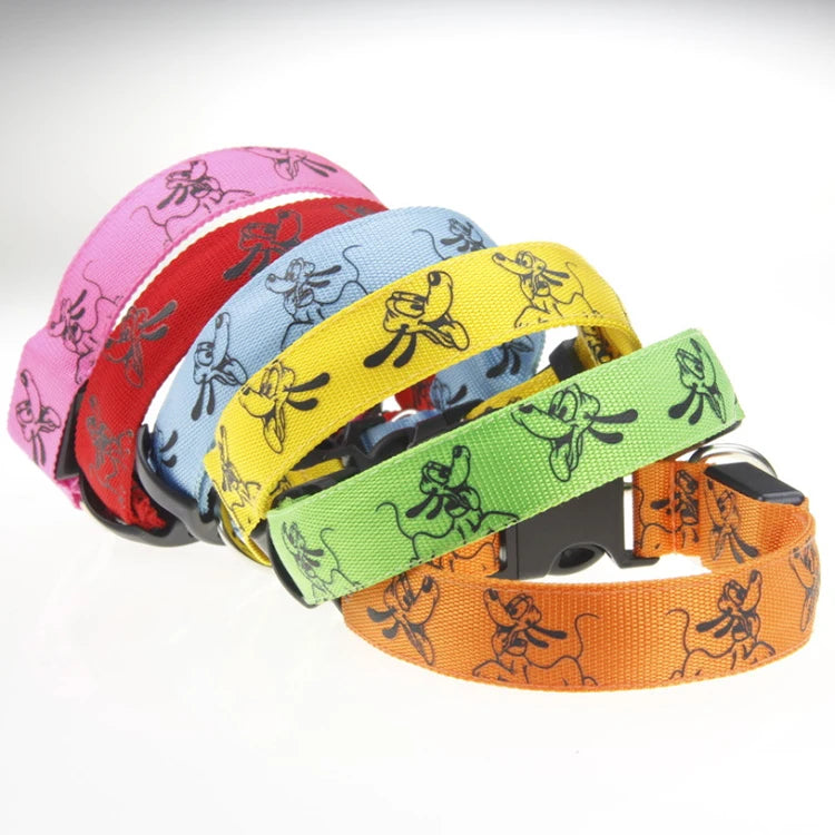 Bright LED dog collar by I YAN, glowing luminous nylon pet collar for night safety and visibility during walks.