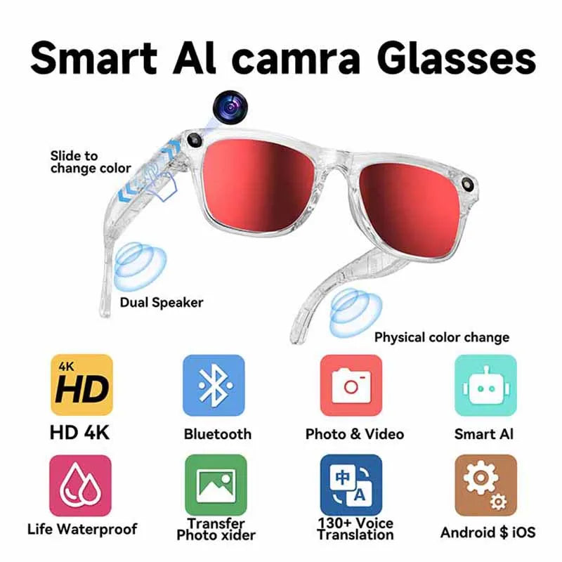For Xiaomi AI Smart Glasses Photochromic Glasses 4K HD Camera Chat GPT Bluetooth Call Video Music Touch Translate Sunglasses