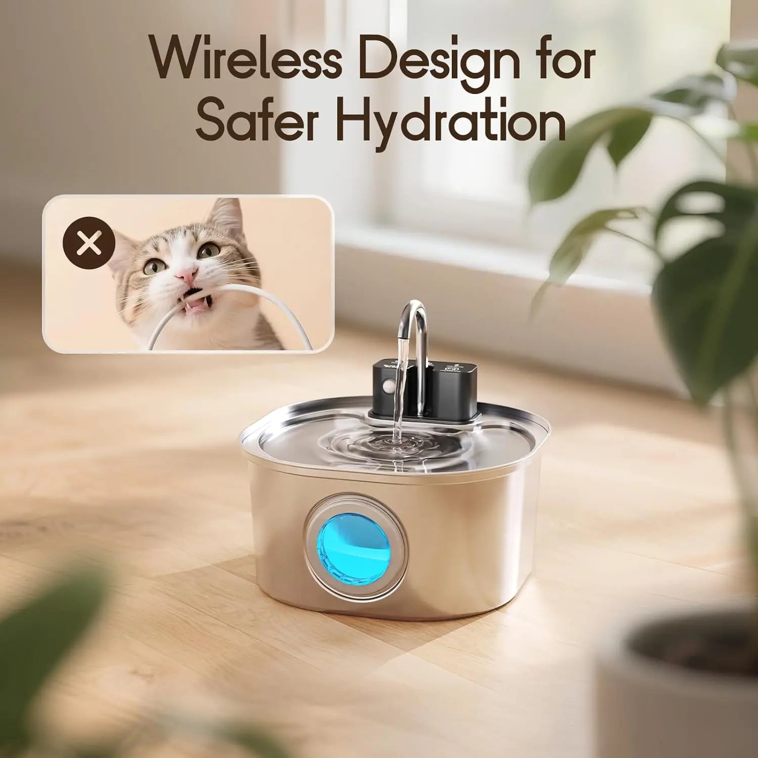 3.2L Automatic Cat Water Feeder with Motion Sensor Wireless Stainless Steel Pet Water Fountain Dog Water Bowl（No 5V 1A Plug）