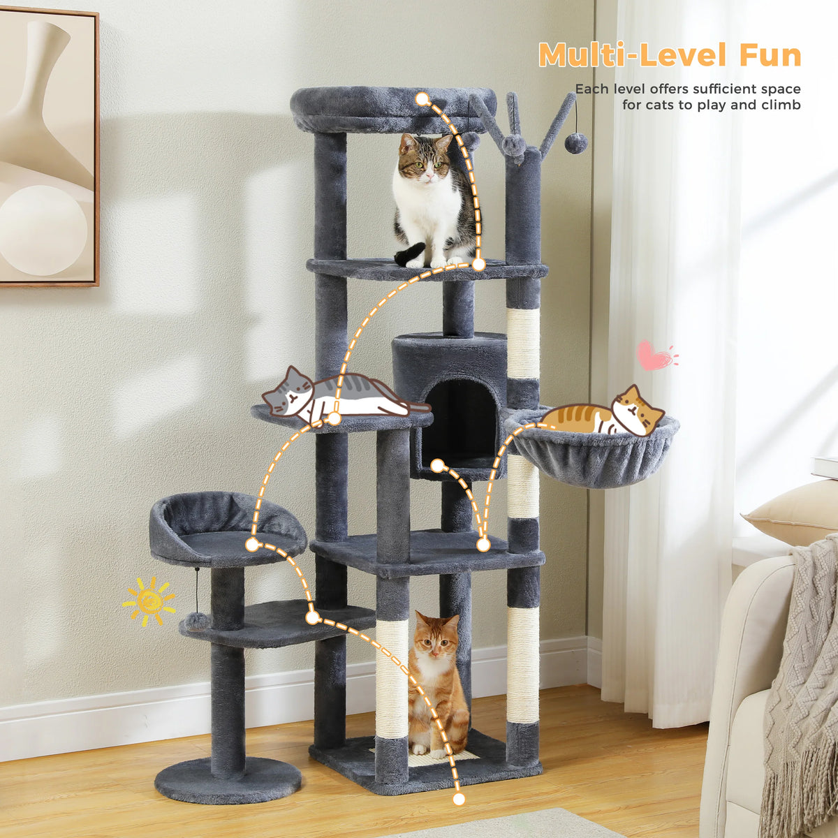 Large I YAN multi-level cat tree with scratching post, hammock, perches, hanging balls, and spacious condo for indoor cats.