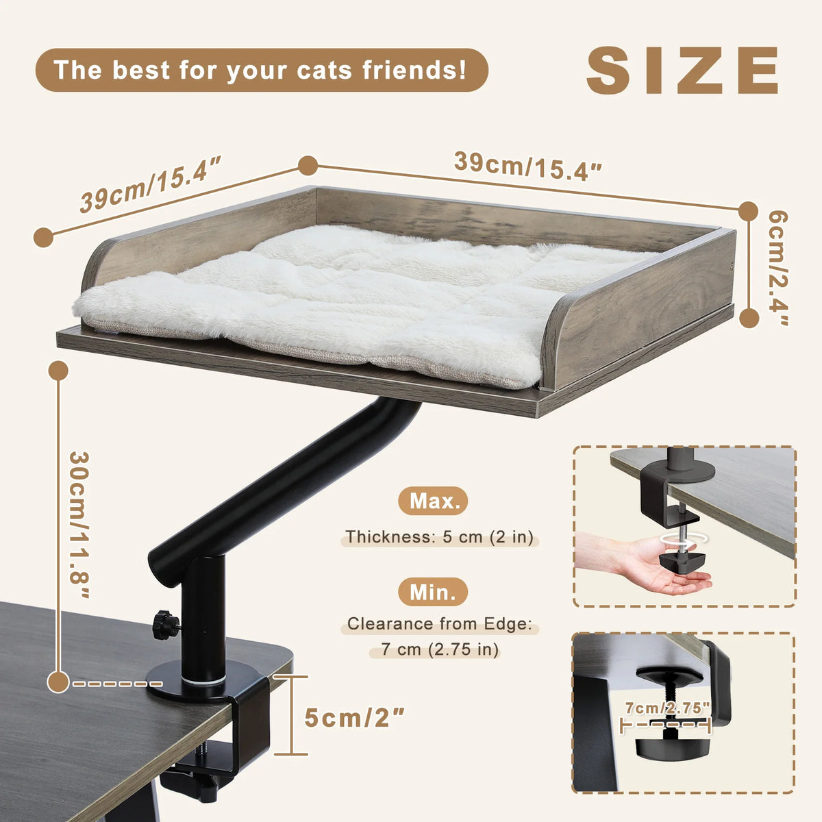 Soft I YAN cat desk bed on a table, 360° rotatable stand with an adjustable hammock for indoor cats to relax comfortably.