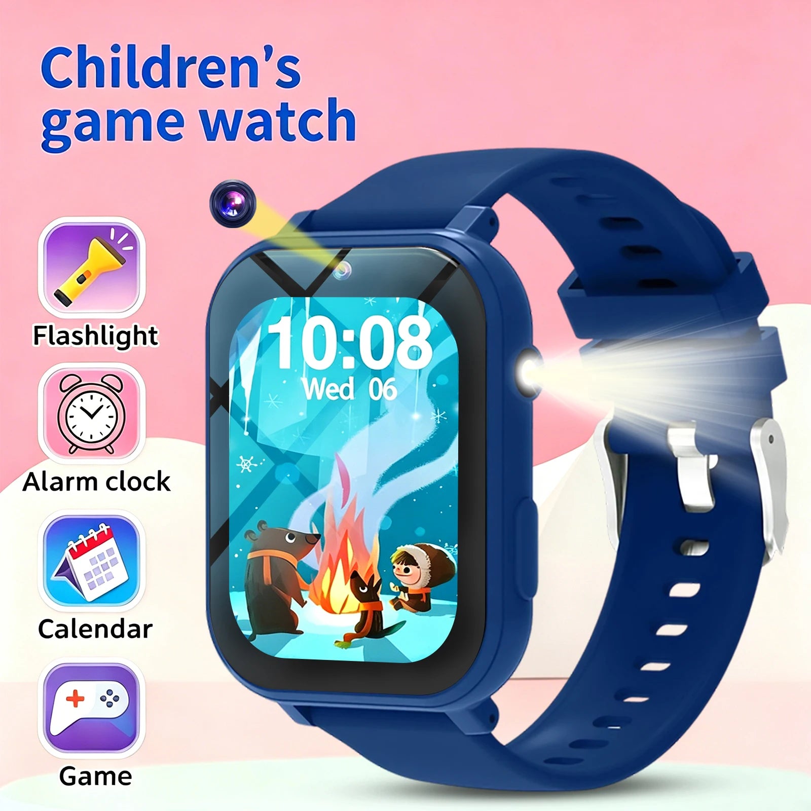 Youngsters' I YAN smartwatch with HD touchscreen, camera, music player, pedometer, flashlight, and puzzle games for kids aged 6-12.
