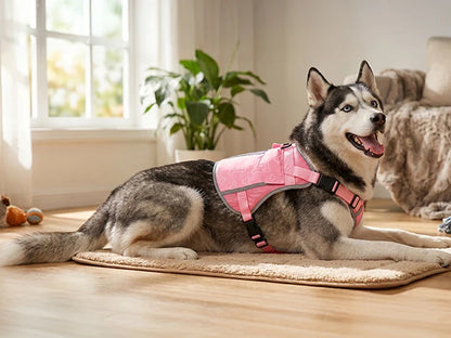 Pink I YAN dog cooling vest harness with four ice packs and adjustable straps, designed for large dogs' cooling needs.