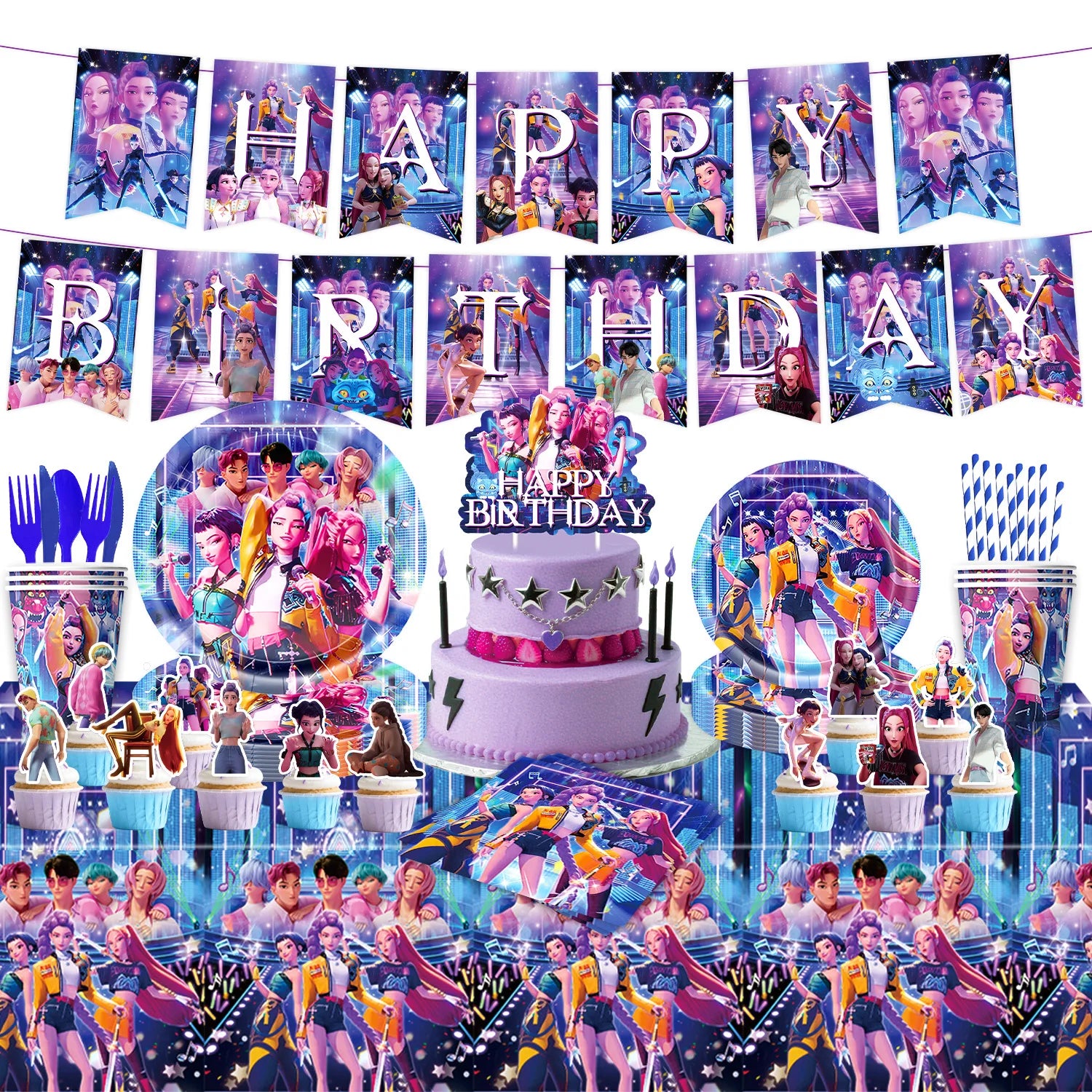 k pop demon hunters Theme Birthday Party Decorations Tableware  Balloon Cup Plate Banner Backdrop for Girls Baby Shower Supplies