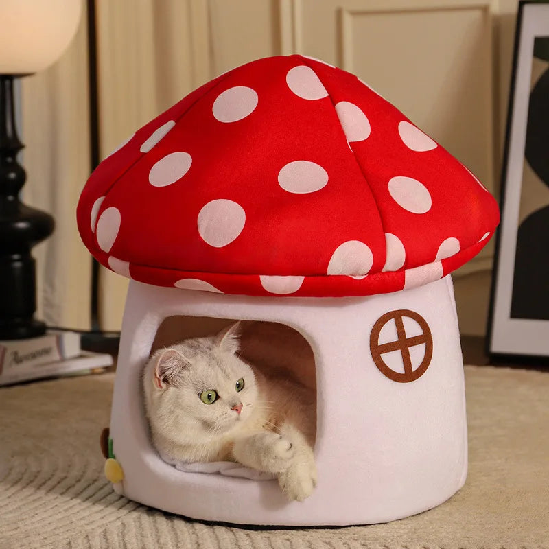 I YAN mushroom cat bed with scratching surface, cozy enlarged space for cats to relax and stretch in a playful design.