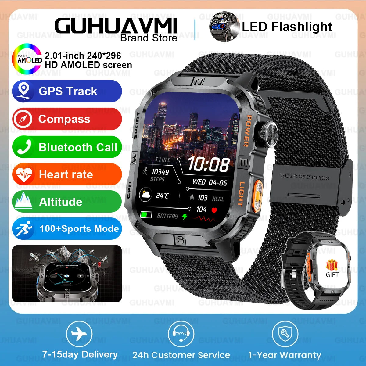New Dual-Band Satellite GPS Smart Watch Men 2.01'' HD Screen Compass Military Flashlight Watches Waterproof Swim Smart Bracelet