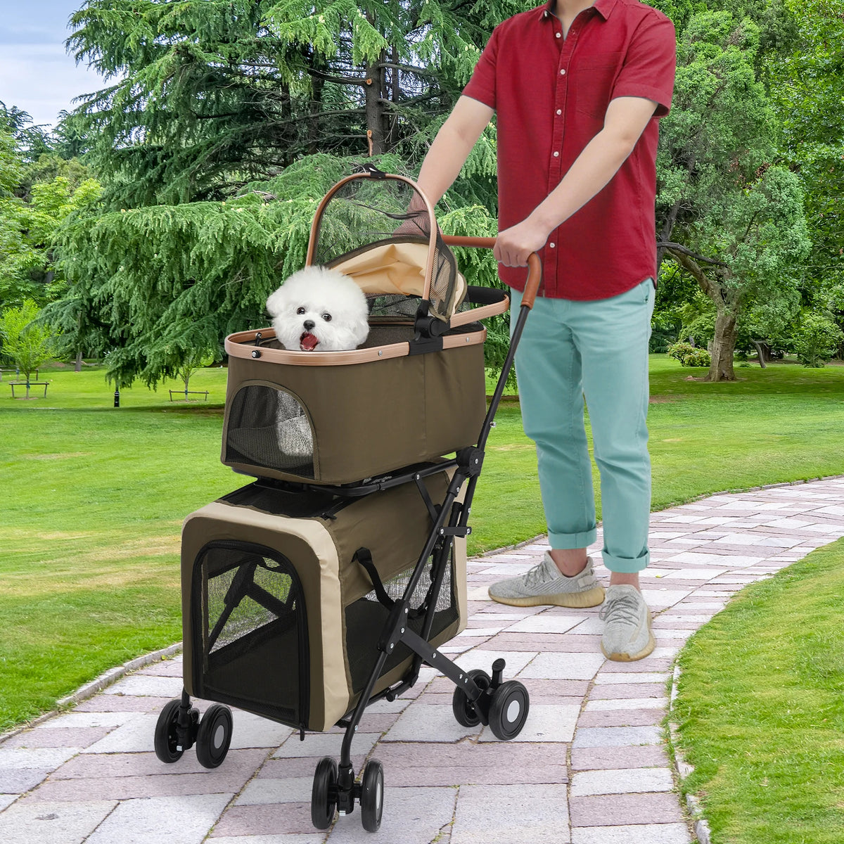 Foldable I YAN pet stroller for small and medium pets with sunshade, cushions, safety locks, and 2-tier design for travel use.