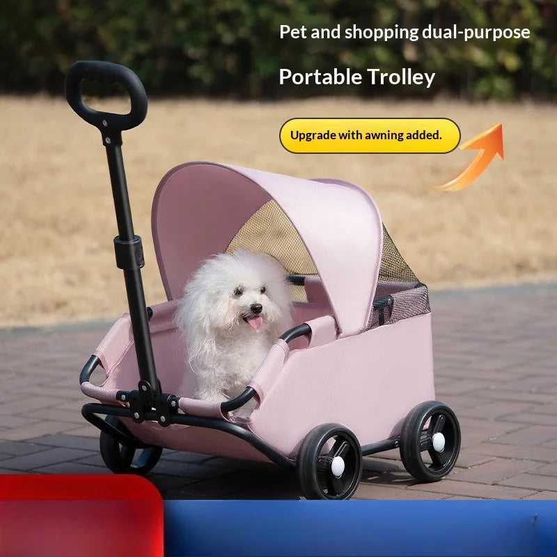 I YAN 4-wheel pet stroller with UV protection sun canopy, breathable mesh window, retractable handle for small dogs and cats.