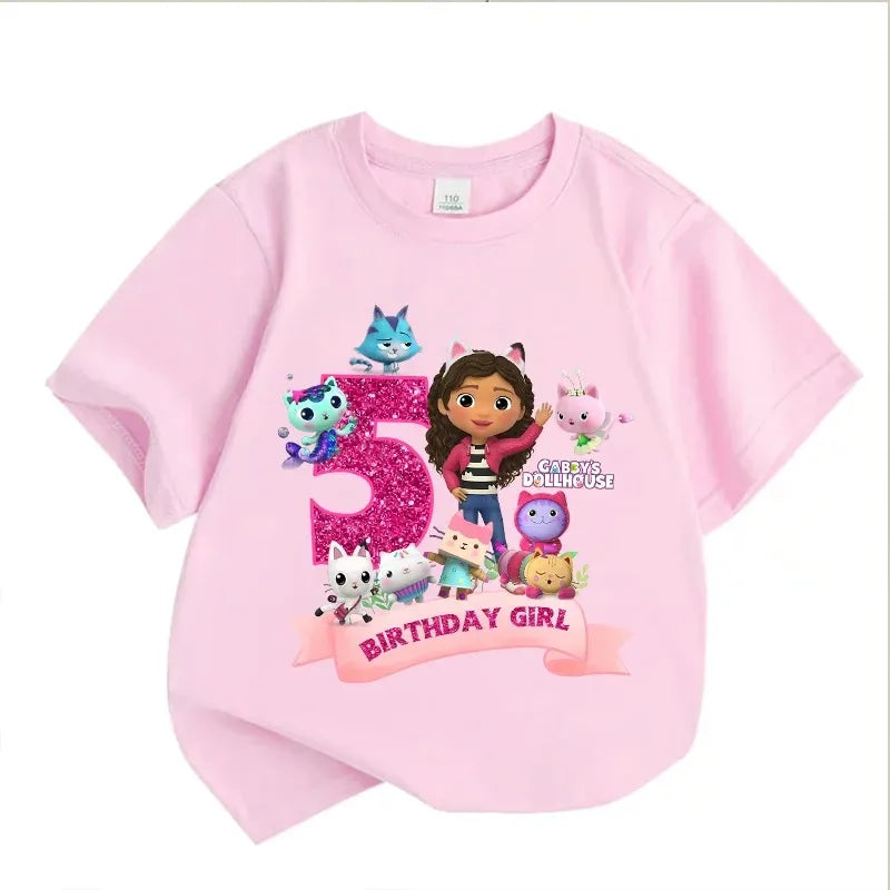 Gabbys Dollhouses Birthday Number T-shirt Girls White Pink Short Sleeve T-shirts Tops Cotton Summer Casual Party Supplies Tee