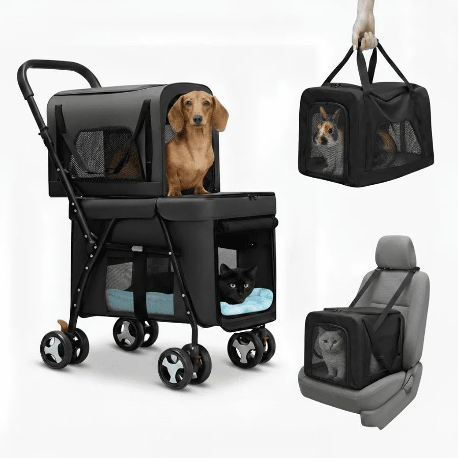 I YAN dual 4-in-1 pet stroller with four wheels, foldable design, brown color, suitable for medium dogs and cats up to 50lbs.