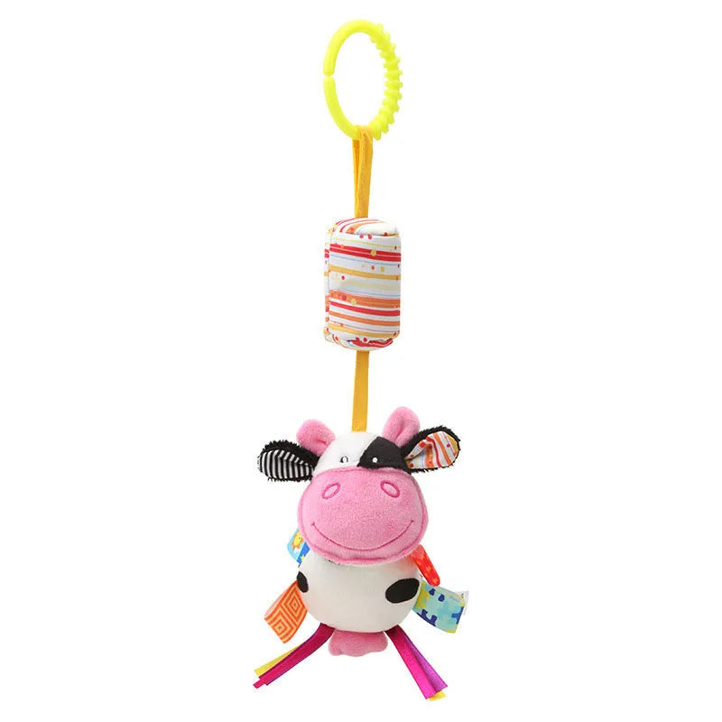 Soft giraffe and zebra plush handbells with rattles and teether, ideal infant baby development toys by I YAN for newborns.