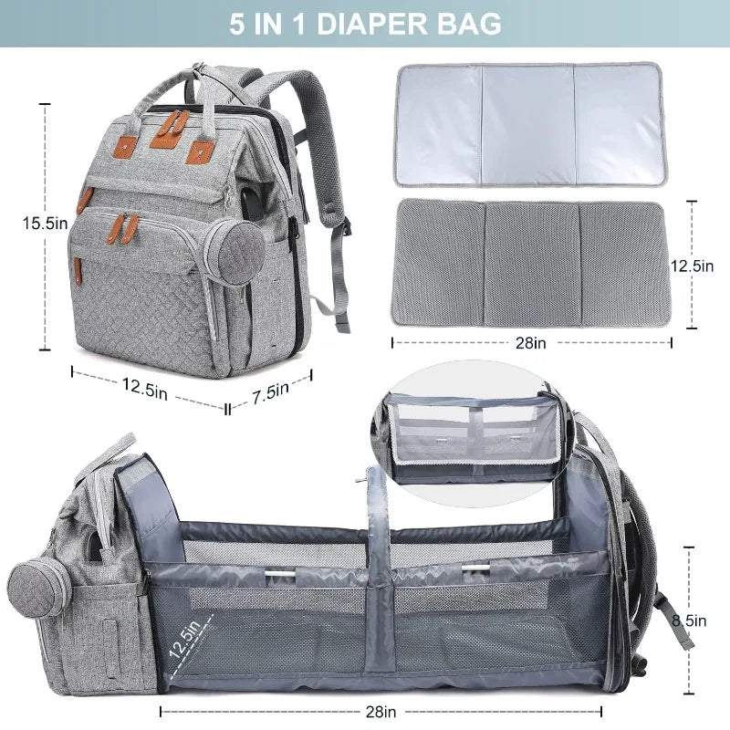 5In1 Diaper Bag Backpack Foldable Baby Bed Waterproof Bag with USB Charge Nappy Stroller Bag with Changing Bed 3Types for Travel