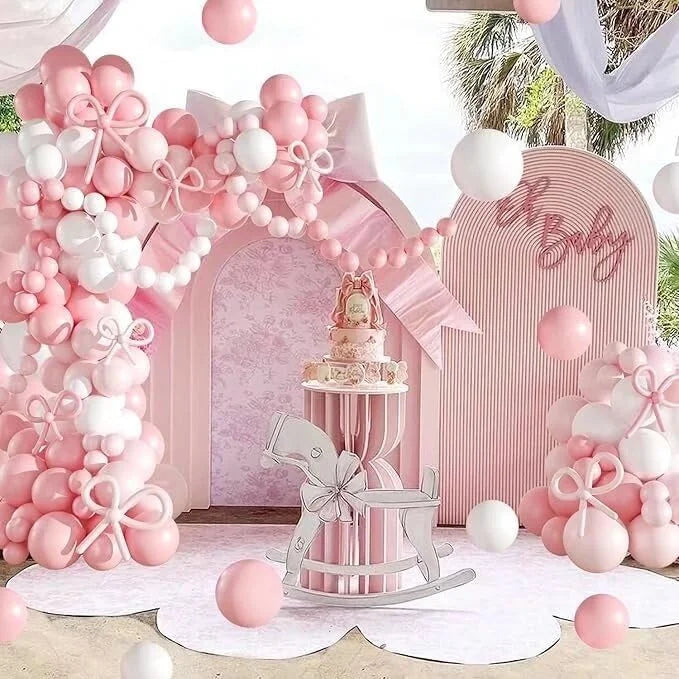 Mehofond Custom 2-Sided Pink Floral Pattern Stripe Girls Birthday Party Baby Shower Covers Chiara Arch Background Decor Backdrop