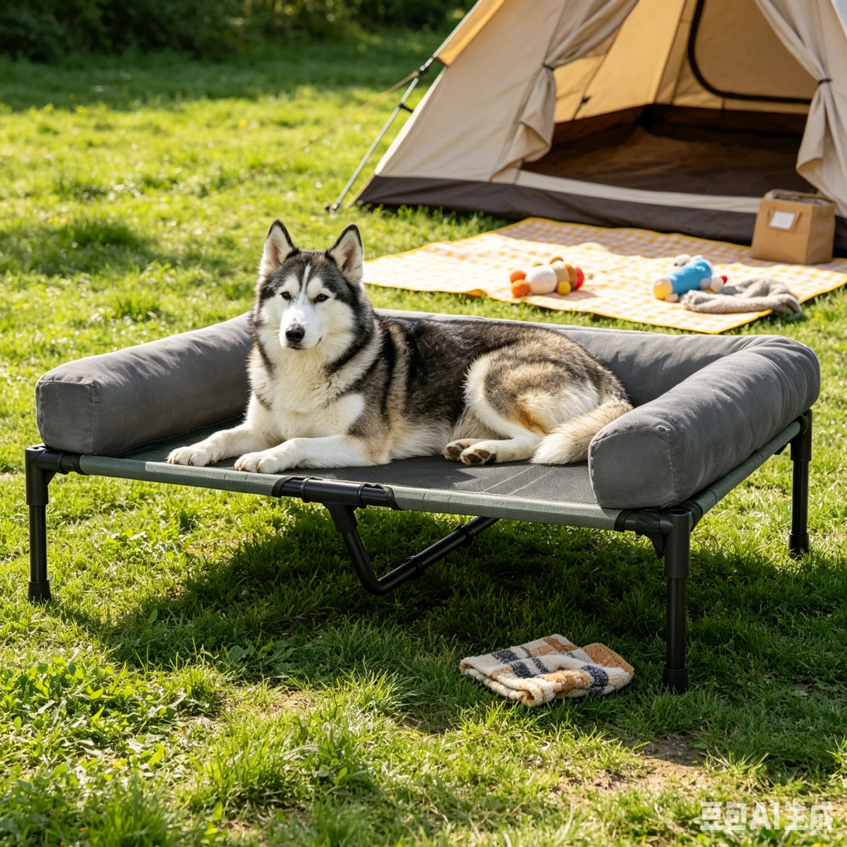 Large I YAN outdoor indoor elevated dog bed with cooling raised cot, breathable mesh, plush bolster, ideal for large dogs.