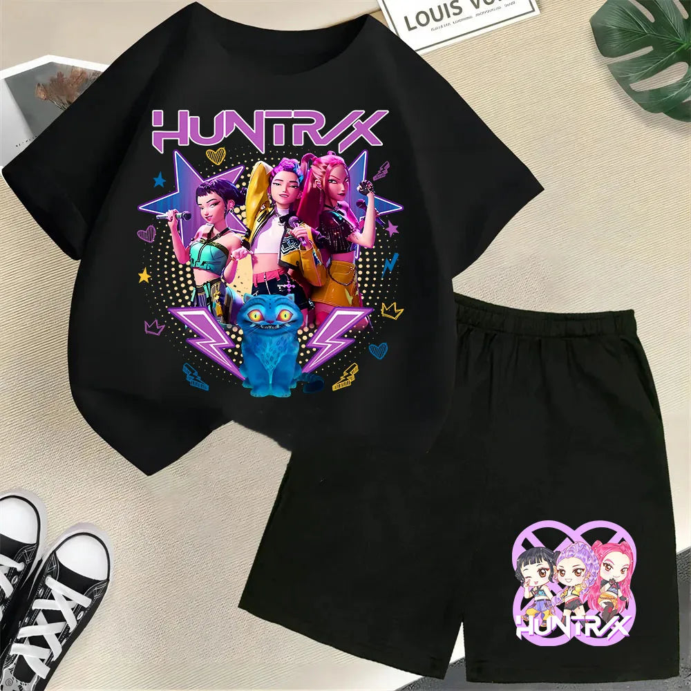 KPop Demon Hunters Saja Boys Kids T-Shirt – Cartoon Print Round Neck Casual Top (2pcs Set) - I YAN