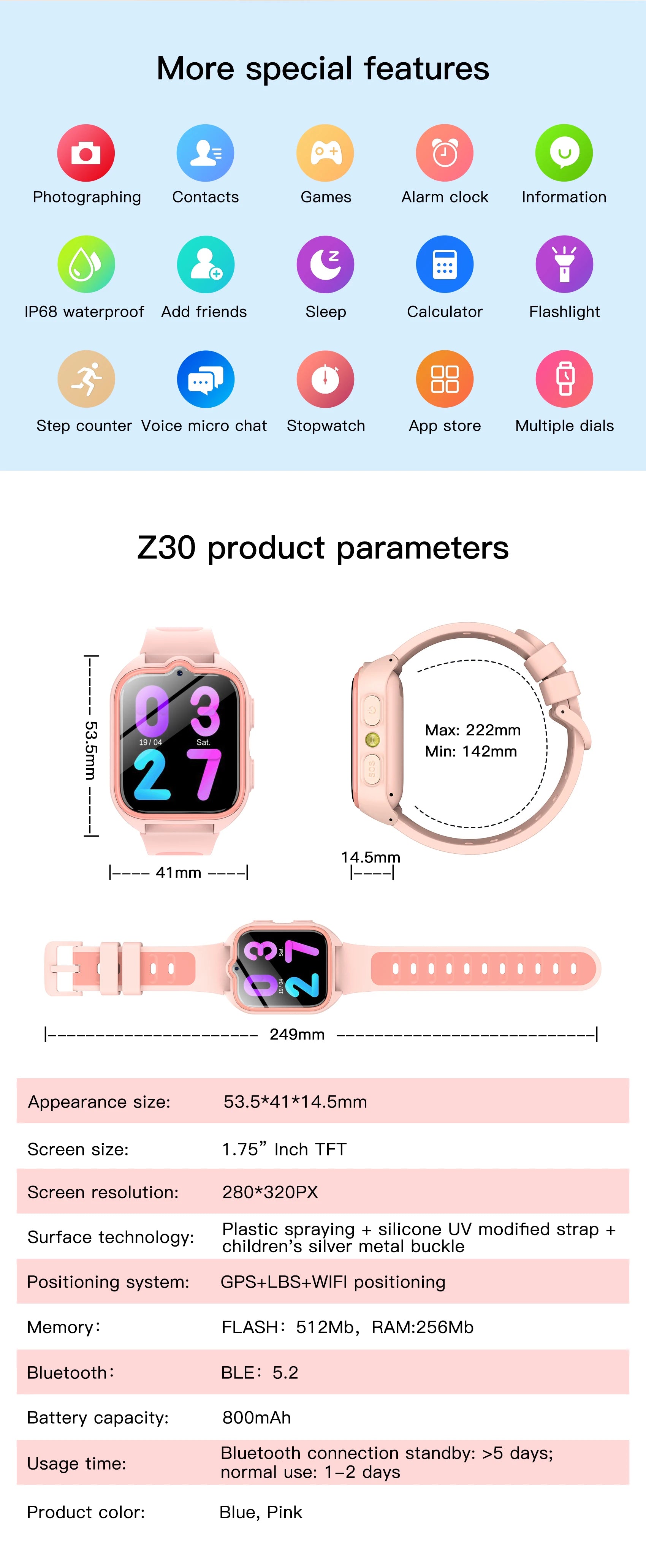 Blackview Z30 kids' smartwatch with GPS, WiFi, 4G video call, and AI positioning, featuring a digital watch display.