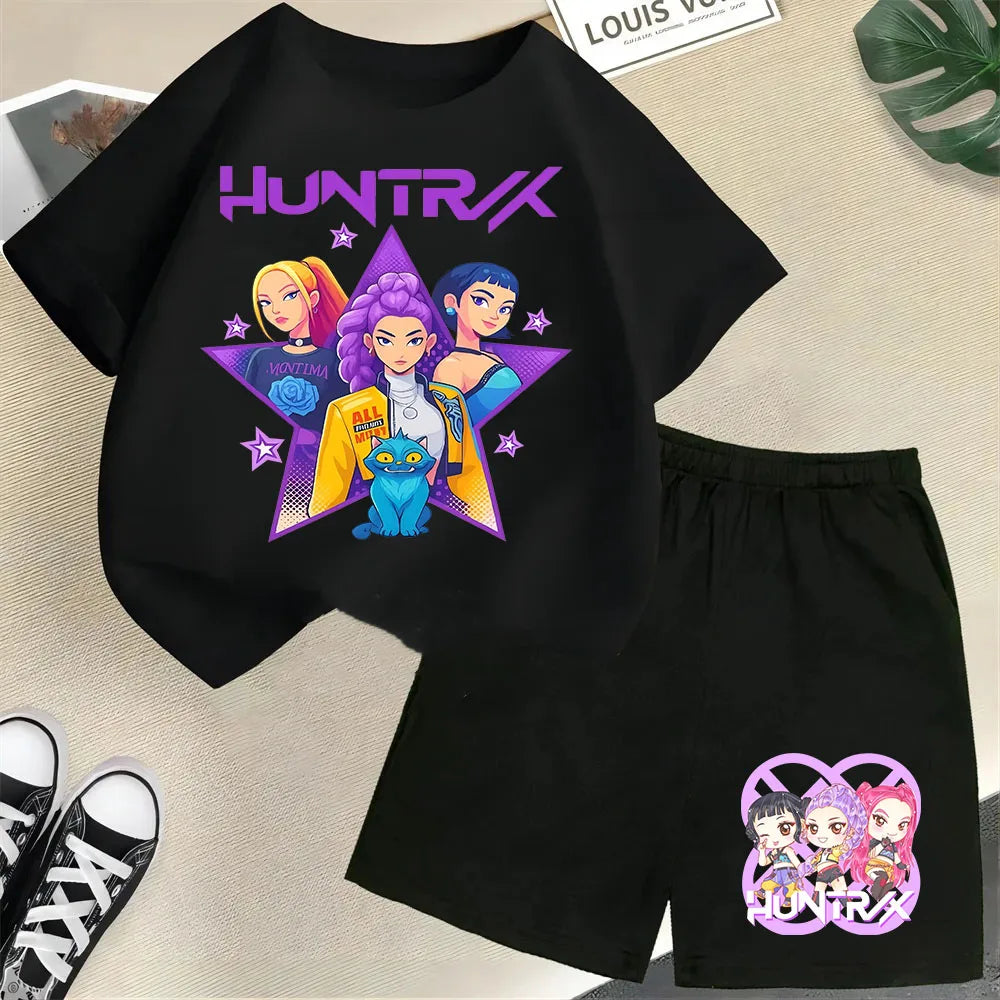 KPop Demon Hunters Saja Boys Kids T-Shirt – Cartoon Print Round Neck Casual Top (2pcs Set) - I YAN