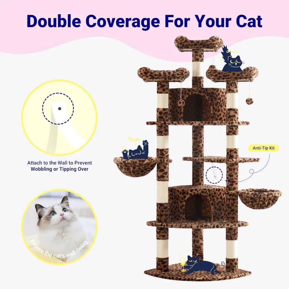 73" Corner Cat Tower — Multi-Level Fan-Shaped Cat Tree with Hammock, Condo & Sisal Posts for Large Cats