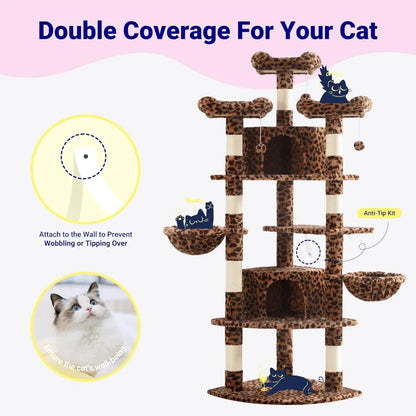 73" Corner Cat Tower — Multi-Level Fan-Shaped Cat Tree with Hammock, Condo & Sisal Posts for Large Cats