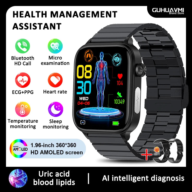 2026 New Blood lipids Uric Acid testing Smart Watch Men ECG+PPG Blood Pressure blood oxygen Bluetooth Call Health smartwatch iOS