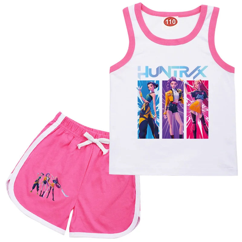 KPop Demon Hunters Rumi Teens Clothes Summer T shirt Baby Girls Sleeveless Vest Top Shorts 2pcs Set Children Clothing 1-13 Years