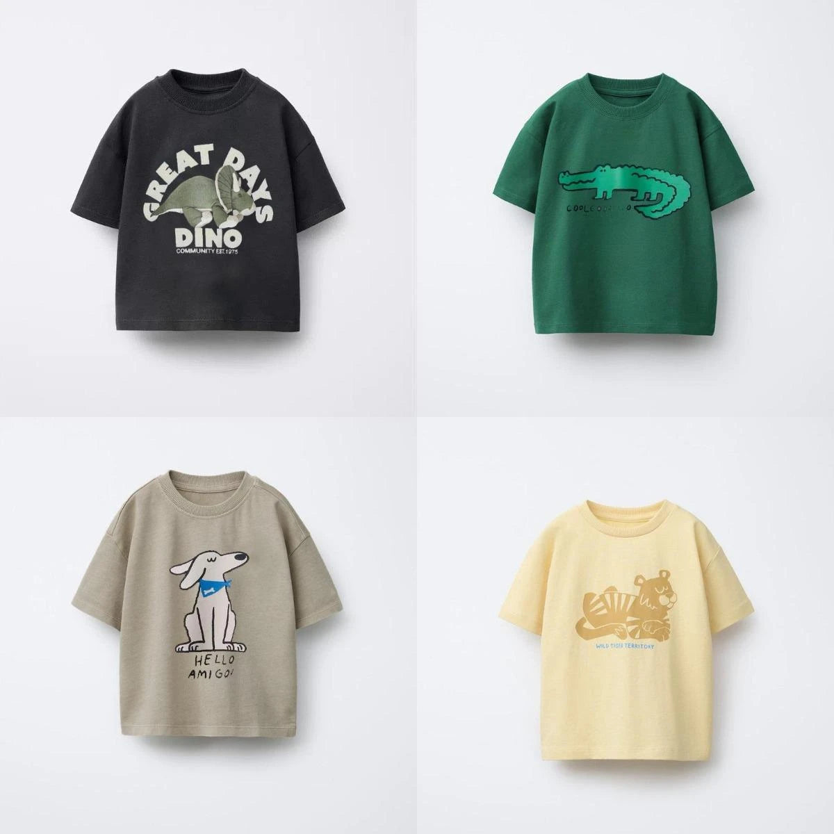 Animal pattern boys' T-shirt by I YAN, short sleeve summer kids' top with round collar and playful print design.