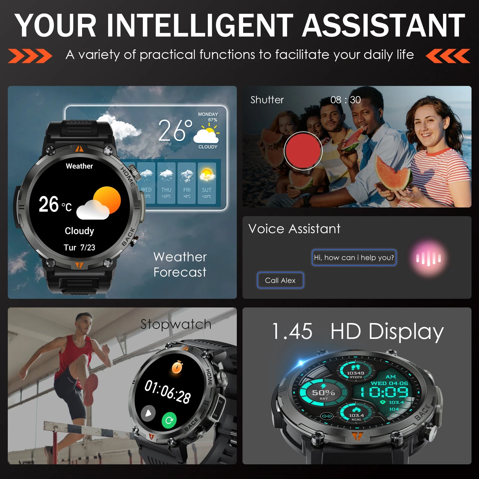 Bluetooth Call smartwatch for men Full Touch Screen With Health Monitor heart rate Flashlight Smart watch