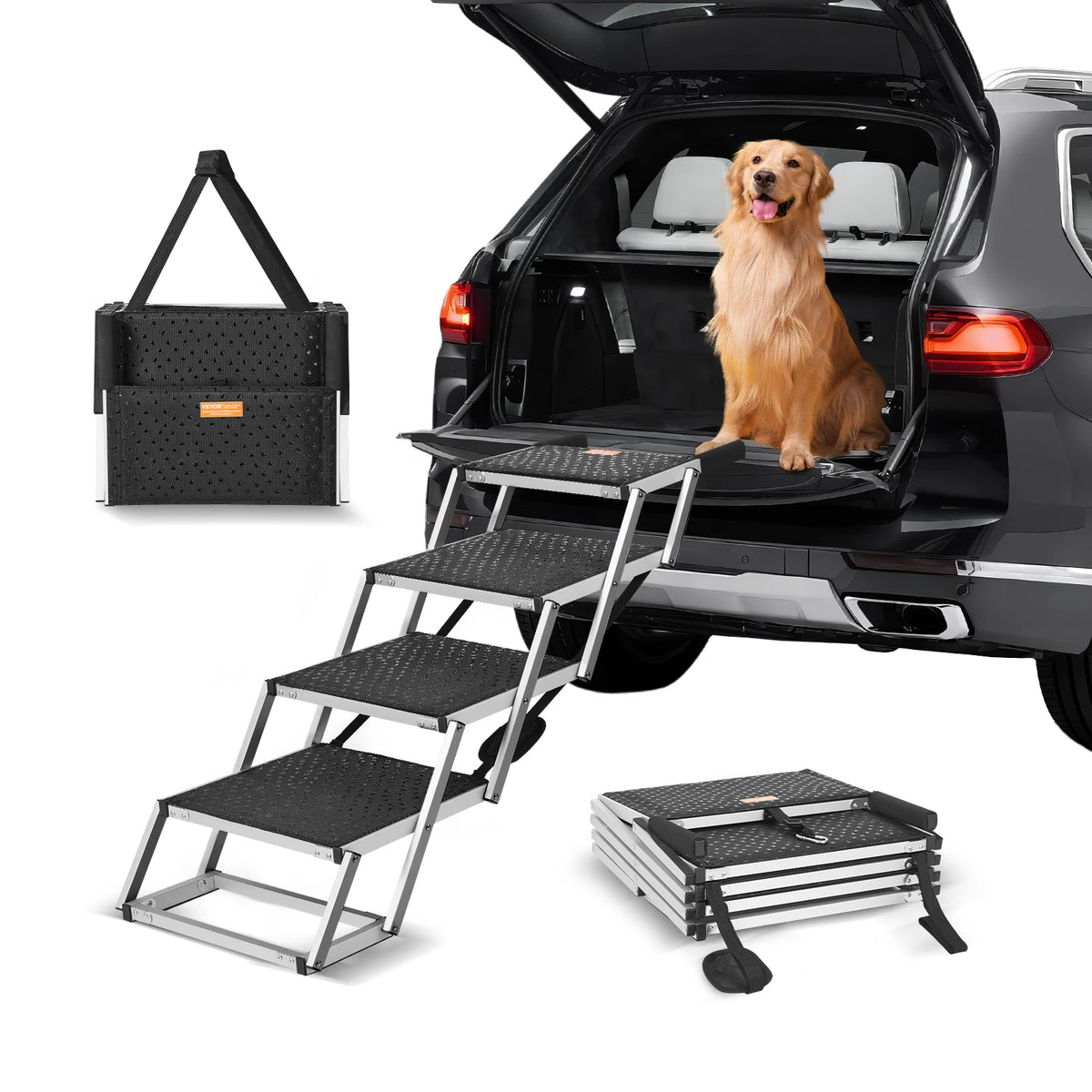 I YAN SucceBuy dog car stairs, lightweight aluminum pet steps, foldable and portable for SUVs and trucks, supports up to 150 lbs.