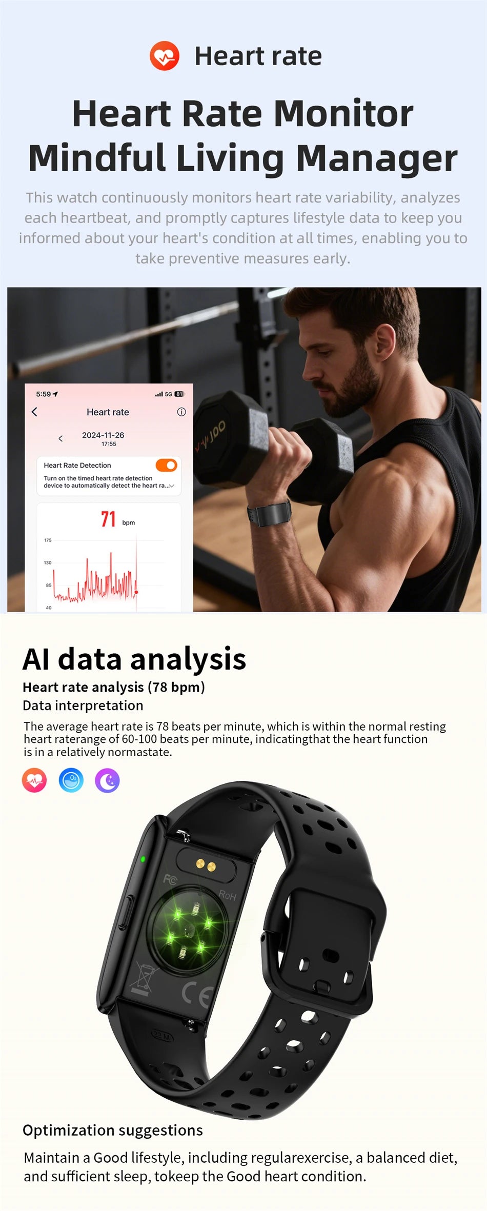 LIGE AI Health Smart Bracelet Fitness Tracker Men Women Sleep Tracking Smart Watch Heart Rate Stress Blood Pressure Monitor Band