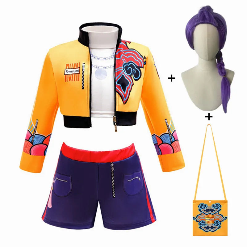 I YAN KPop Rumi cosplay costume wig bag for kids, featuring colorful wig storage for Halloween, carnival, and comic-con role play.
