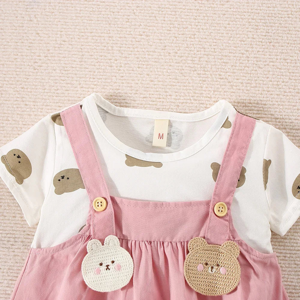 Summer baby girl cotton teddy bear printed short sleeve dress by I YAN, featuring a cute two-piece strap design for girls.