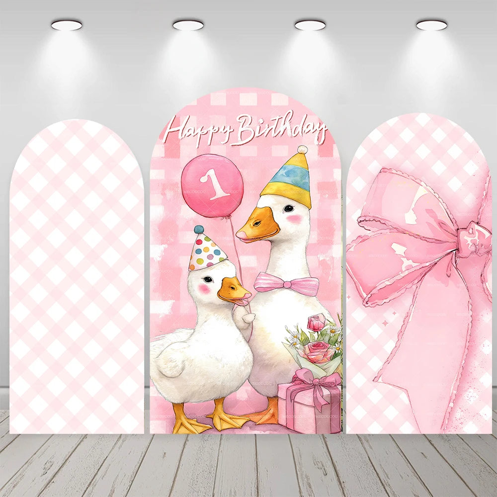 Cartoon big white goose bow arch background customizable baby one-year-old babyshower decorativebackground double-sided printing