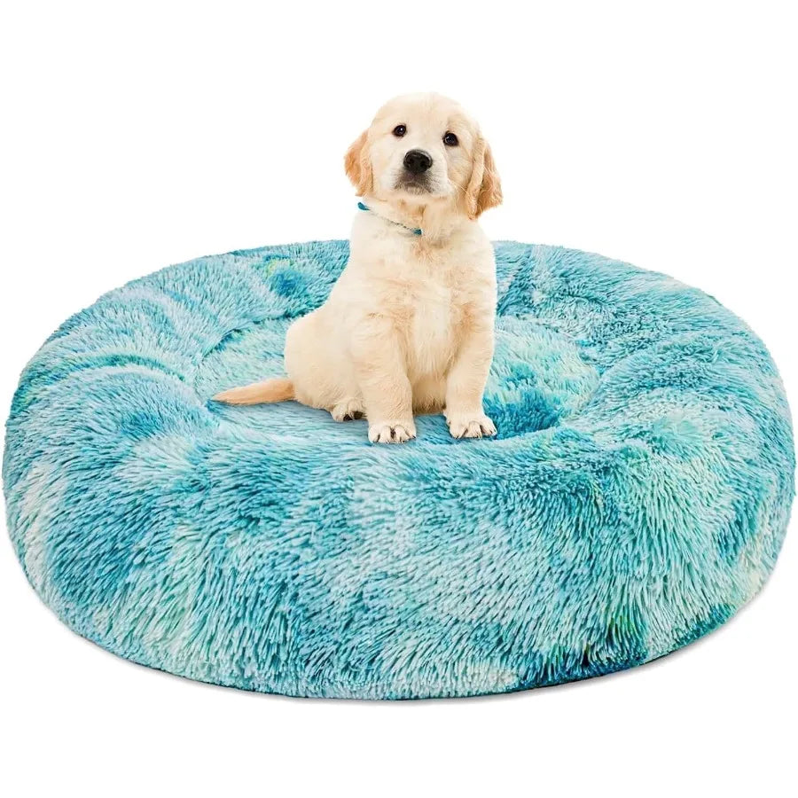 Pink rainbow Calming Donut pet bed for small dogs by I YAN, plush cozy and anti-anxiety 20-inch warming dog bed