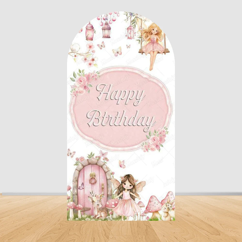 Fairy First Birthday Arch Cover Background Flower Pink Mushroom Door Ballet Girl Baby Shower Party Decor Photo Arch Backdrops