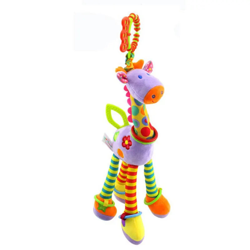 Soft plush giraffe and zebra handbells with rattles and teether, baby developmental toy for infants and newborns.