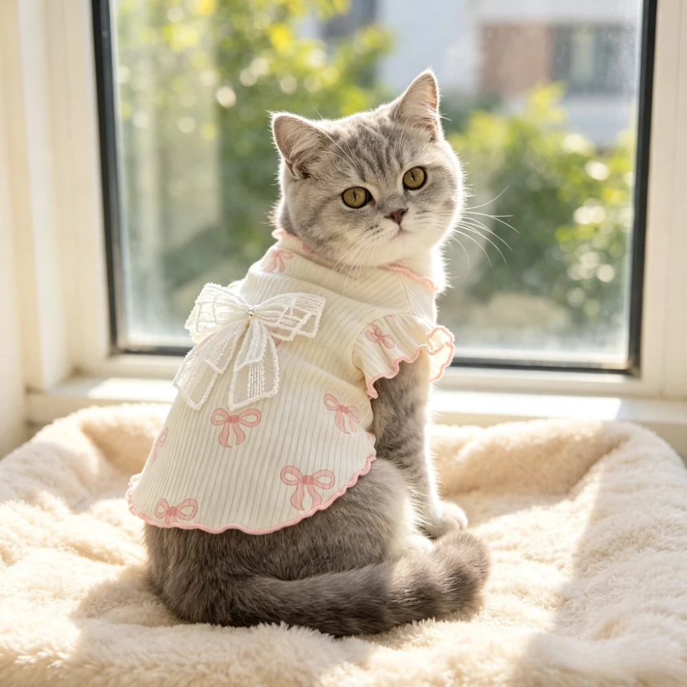 Pink Bow Print Pet Vest – Soft Breathable Summer Top for Cats & Small Dogs