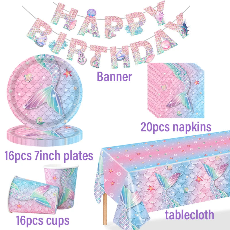 Mermaid Themed Party Disposable Tableware Little Mermaid Tail Paper Plates Cups Napkins Banner Birthday Party Decoration Supplie